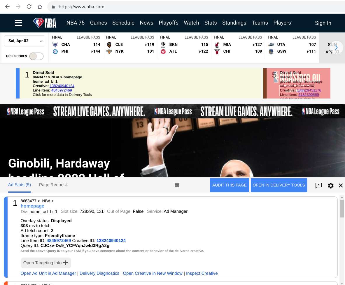 Google console on nba.com site